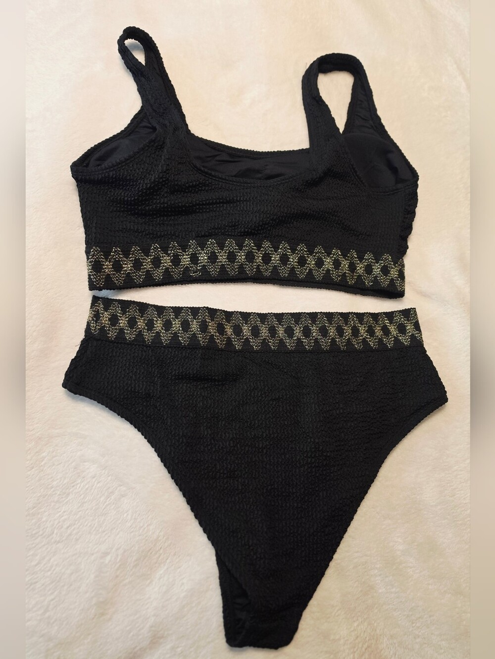 Cupshe Black Textured Crop Tank with Gold Trim - Women Tops
